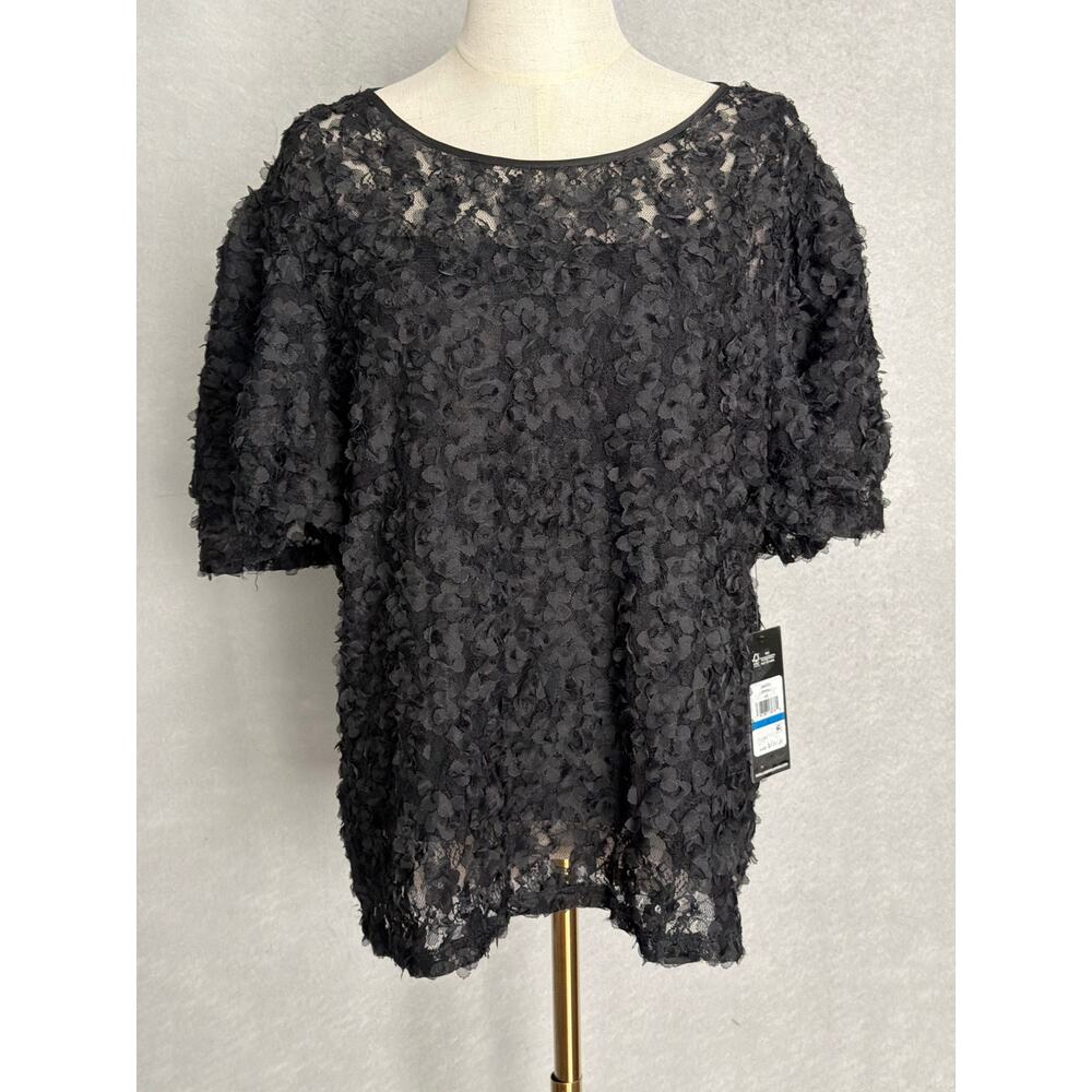 Karl Lagerfeld Paris Ruffle Puff Sleeve Top Lace in Black Women's XL NEW